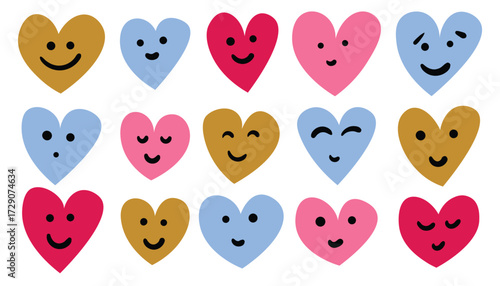 Pink, blue and gold hearts set with funny happy faces in flat cartoon style. Cute colorful hand drawn clipart collection for Valentine's Day. Romantic love symbols.