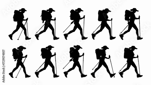 Collection of ten vector silhouette illustrations of hikers with backpacks and trekking poles silhouette white background