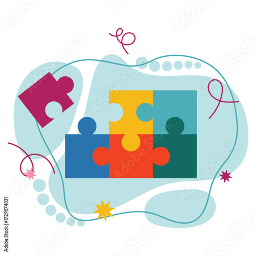 Problem solving concept with puzzle game on organic uneven shape background in flat cartoon style. Creative hand drawn clipart for idea, thinking, strategy, teamwork and business design projects.