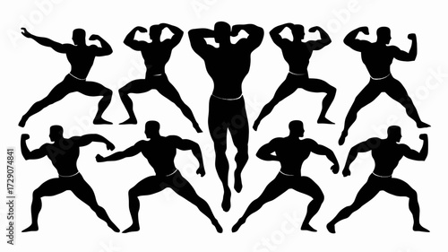 Dynamic muscular male bodybuilder silhouettes vector collection for fitness and sports designs silhouette white background