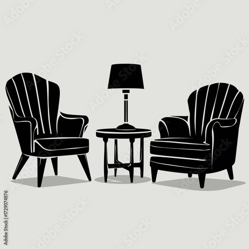 Elegant silhouette of two armchairs and a table lamp vector illustration silhouette white background