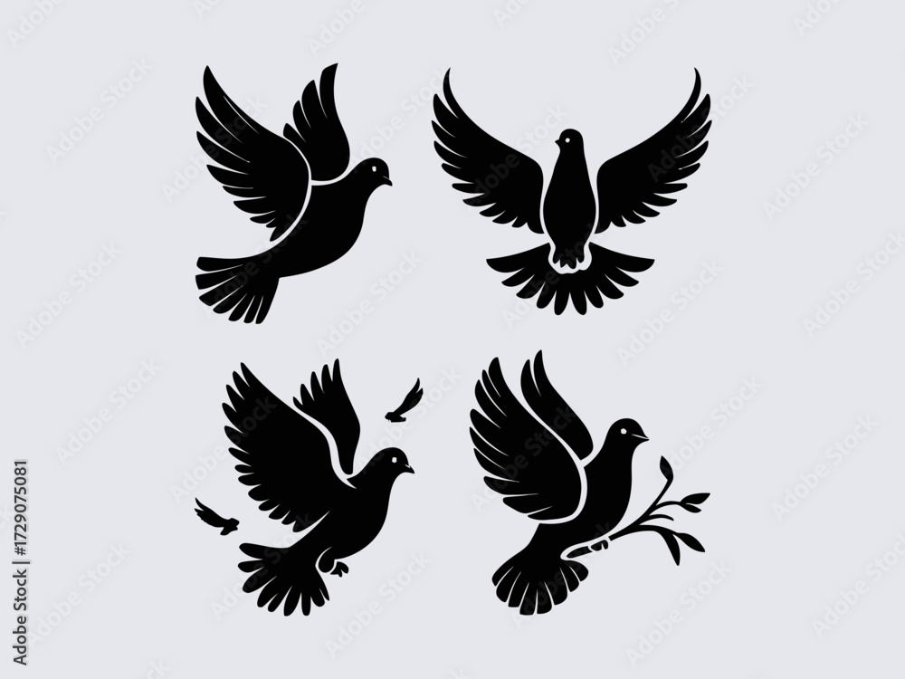 Obraz premium Elegant vector illustrations of flying doves in various poses for design projects silhouette white background
