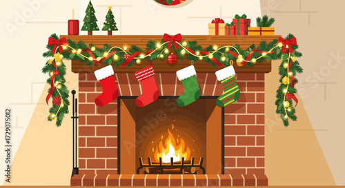 Charming christmas fireplace scene with stockings and festive decorations for the holidays
