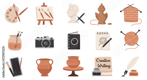 Collection of fifteen flat icons depicting art craft and creative pursuits