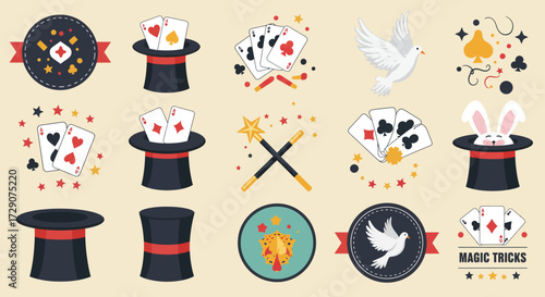 Collection of flat design icons representing magic tricks featuring top hats playing cards a dove and a rabbit