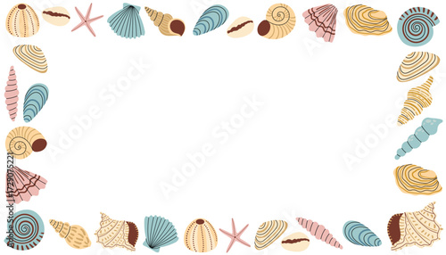 Cute pastel seashell rectangle frame in flat cartoon style. Perfect hand drawn clipart for vacation, travel, seaside, beach, tourism, summer decor, greeting card and creative design projects.