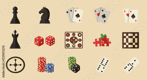 Collection of flat design icons representing various board and casino games