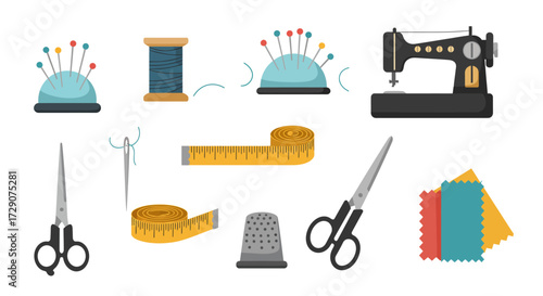 Collection of illustrated sewing tools and materials on a white background