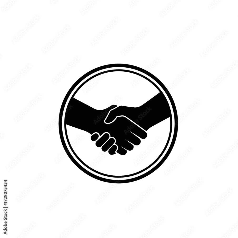 Fototapeta premium Black and white icon of two hands shaking within a circular frame, symbolizing agreement, partnership, or a greeting.