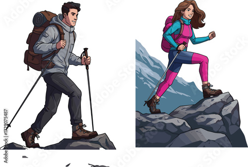 Two hikers trekking through rocky mountain terrain with backpacks, hiking poles, outdoor gear, snow peaks, adventure travel, fitness, exploration, determination