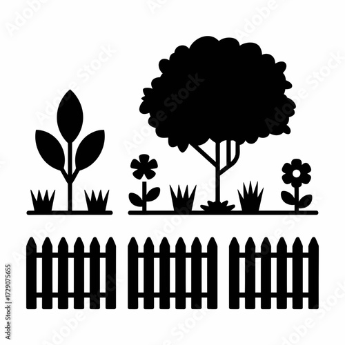 Scalable vector garden scene illustration with picket fence tree plants and flowers silhouette white background