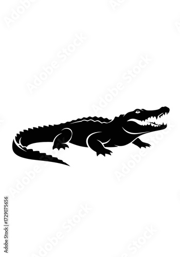 Black silhouette of an alligator or crocodile with its mouth open, depicted in a graphic style on a white background.