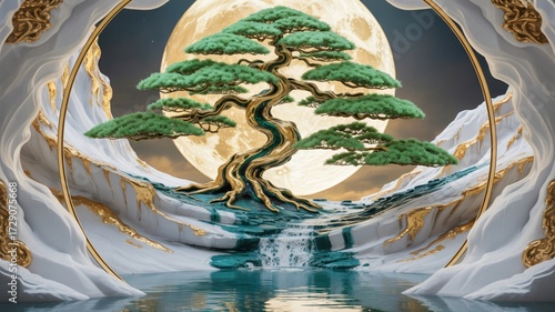 Serene bonsai tree flourishes before a luminous full moon, cascading waterfall into tranquil pool