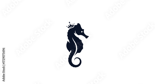 A stylized silhouette of a seahorse wearing a crown, set against a plain white background.
