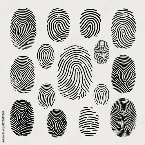 Collection of vector fingerprint illustrations scalable icon set for digital and print use silhouette white background