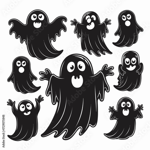 Vector illustration of a friendly halloween ghost collection scalable ghostly icons for festive designs silhouette white background