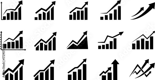Set of vector growth icons, depicting business and financial success with bar and line charts, upward arrows, and market trend indicators.