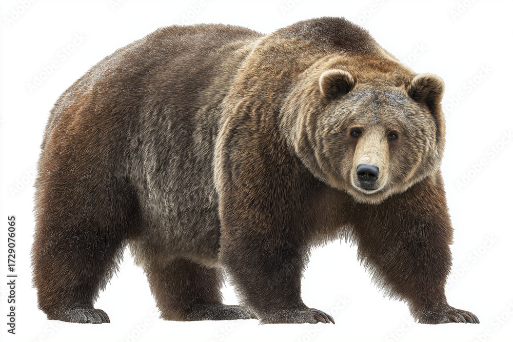 Obraz premium Large grizzly bear stands on all fours, showcasing its thick fur and powerful build against white background. bear expression is calm yet commanding, highlighting its majestic presence