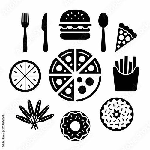 Vector illustration of diverse food icons and cutlery in a declarative style scalable for digital and print silhouette white background