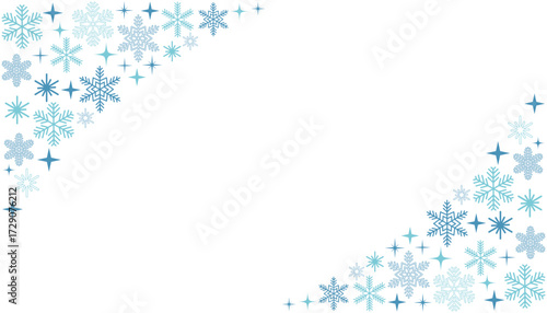 Corners frame with blue snowflake and star in winter holiday theme in flat cartoon style. Cute hand drawn clipart for seasonal design, greeting card, background, decor and festive projects.