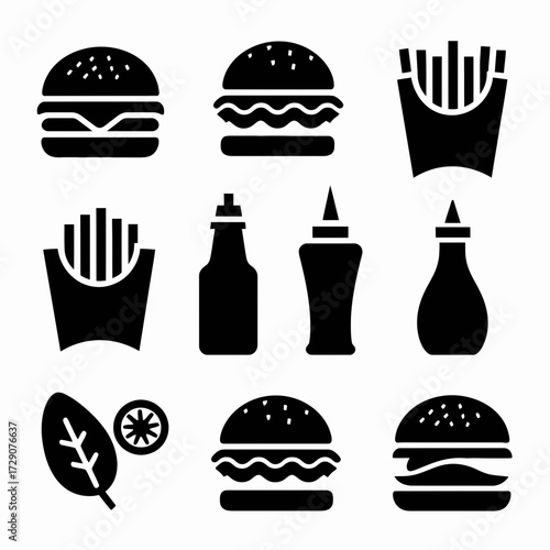 Vector icons set of fast food burgers fries sauces and salad for graphic design silhouette white background