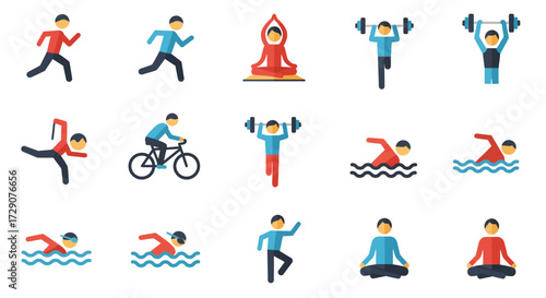 Grid of fifteen flatdesign icons depicting various physical activities and exercises
