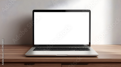 Modern laptop with a blank white screen on a wooden desk against a textured wall with light casting shadows