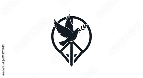 A stylized black silhouette of a dove carrying a sprig of leaves in its beak, superimposed on a peace symbol within a circular outline.