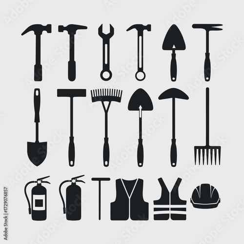 Collection of silhouette tools and safety equipment vector graphics for design projects silhouette white background
