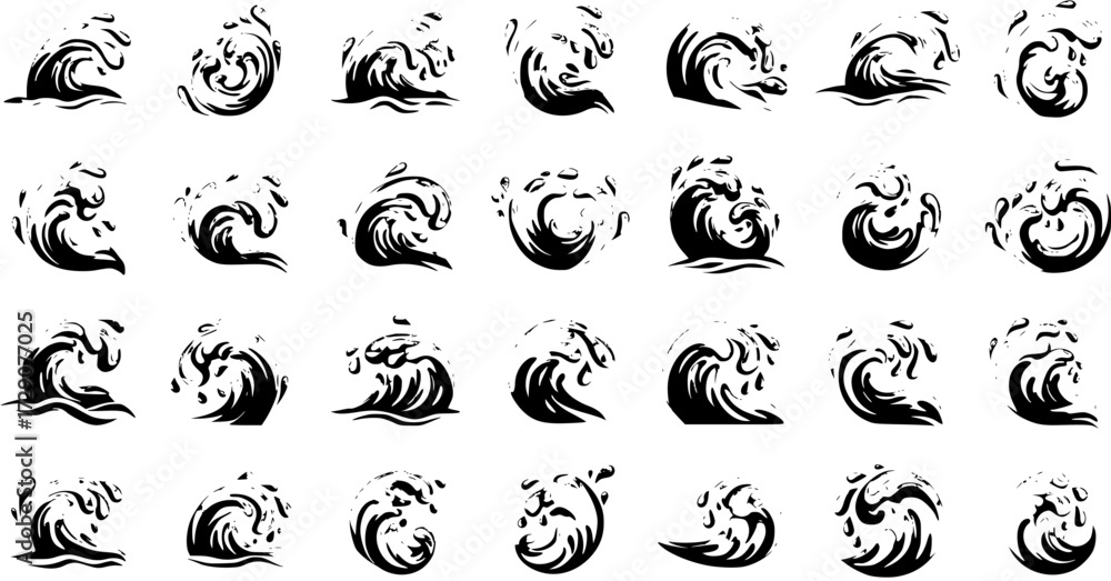 Fototapeta premium Collection of Black Wave Icons, Isolated, White Background