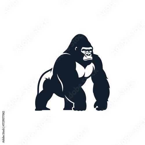 Powerful dark silhouette of a gorilla standing, depicted in a strong and stylized vector illustration.