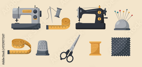 Sewing supplies including two sewing machines measuring tapes thread and scissors
