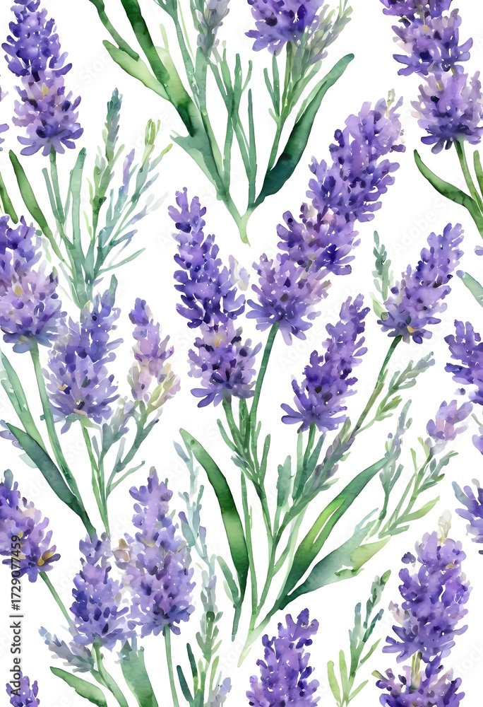 Fototapeta premium Purple lavender blooms sway amid green leaves, bringing tranquility and joy to a sunlit space, highlighting natures delicate beauty in watercolor Generative AI