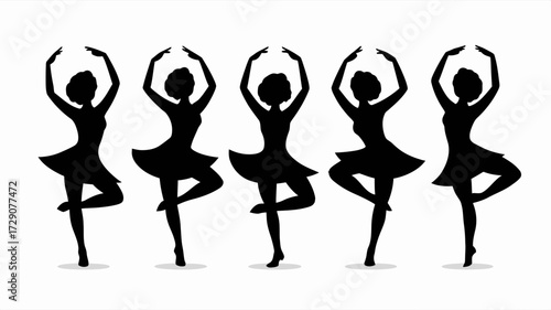 Vector silhouette of five dancing ballerinas in elegant poses scalable illustration silhouette white background