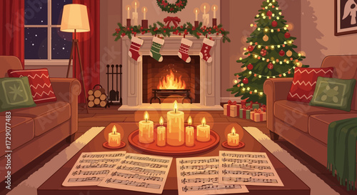 Cozy christmas eve scene with fireplace, candles, sheets of music and decorative elements