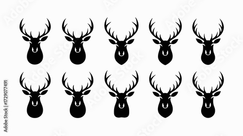 Collection of scalable vector silhouettes of diverse deer heads with antlers silhouette white background