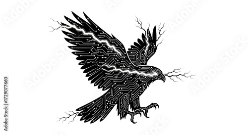 Cybernetic hawk soars with circuit patterns and electrical energy discharges around wings