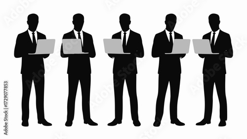 Vector silhouette of men in suits standing with laptops scalable illustration icon eps silhouette white background