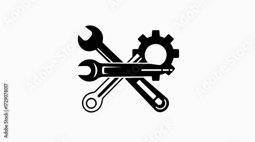 Two wrenches crossed with a gear on top, depicted in a black and white graphic illustration.