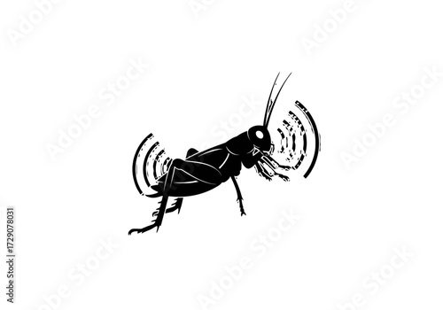Black silhouette of a cricket chirping with sound waves emanating from its body on a clean white background, representing natural communication.