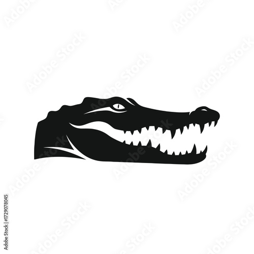 Black and white illustration of an alligator's head, showcasing sharp teeth and a detailed silhouette.
