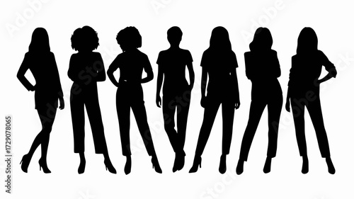 Collection of diverse women silhouettes in various poses vector illustration scalable graphics silhouette white background