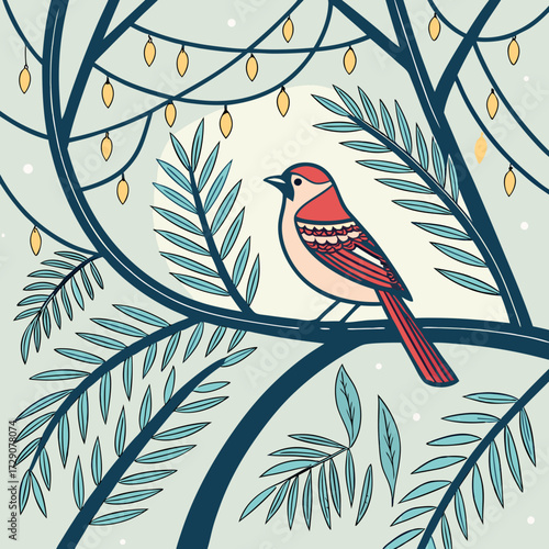A charming, decorative bird sits peacefully on a stylized winter tree branch, adorned with warm, glowing string lights, creating a cozy and serene nature scene