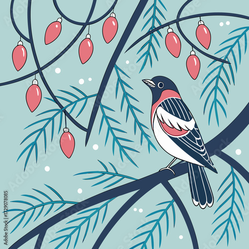 Charming illustrated winter bird on a snowy pine branch with festive ornaments