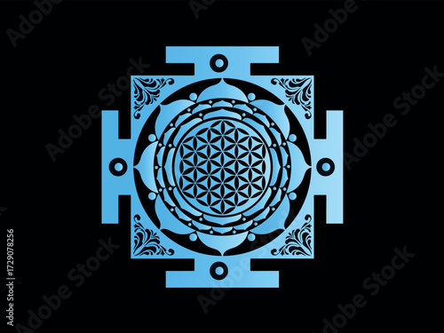 Sacred geometry flower of life mandala with blue tones
