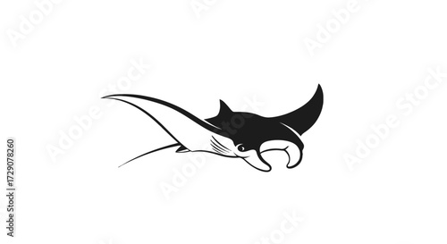 A detailed black and white illustration of a manta ray swimming gracefully in the ocean.