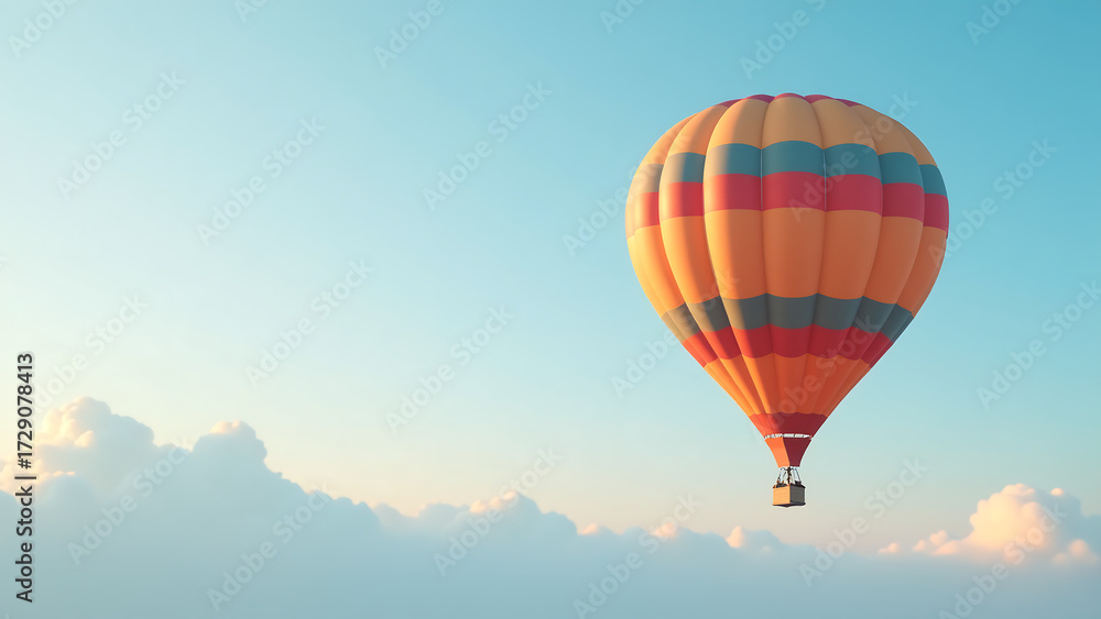 Fototapeta premium serene hot air balloon floats majestically soft gradient blue morning sky wispy white clouds subtle sunlight casting