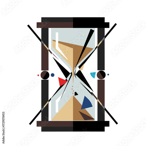Stylized hourglass in abstract geometric window frame with brown, blue and red shapes for time, patience and modern art concepts
