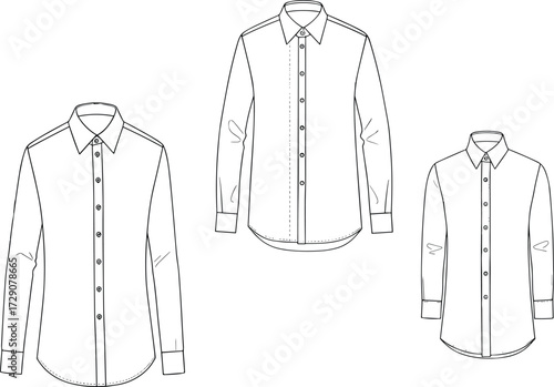 Men's Formal Dress Shirts Technical Flat Vector CAD Drawing: Button-Up Collared Long Sleeve Business Apparel Design Template Collection for Professional Fashion