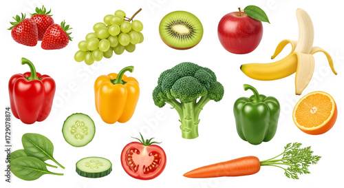 Collection of photorealistic food cutouts (fruits + vegetables) isolated on white backgroundCollection of photorealistic food cutouts (fruits + vegetables) isolated on white background